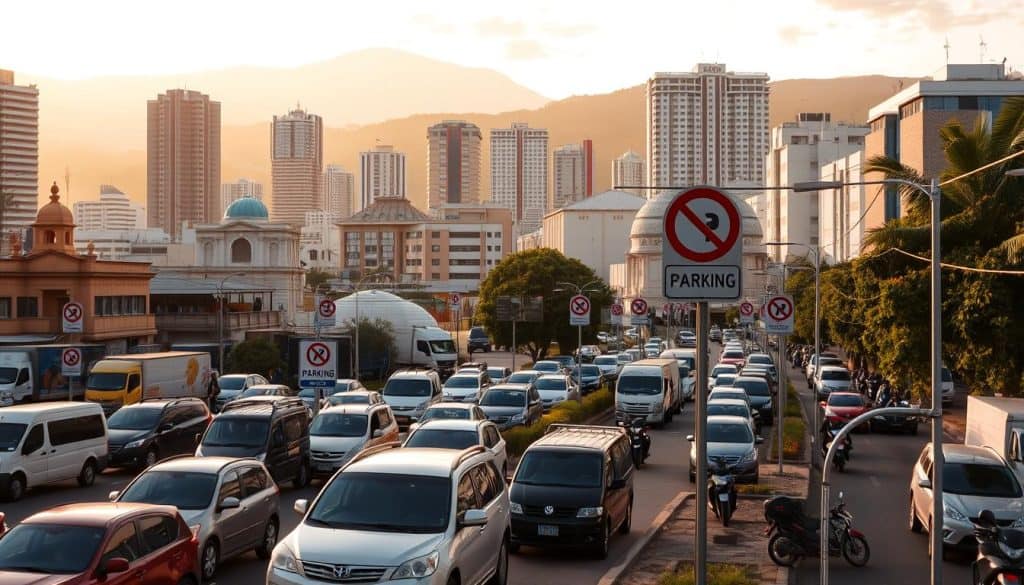 A bustling urban scene in Colombia, capturing the vibrant landscape where parking is prohibited. In the foreground, a diverse array of vehicles - cars, trucks, and motorcycles - line the streets, their shapes and colors creating a dynamic visual tapestry. The middle ground features towering buildings, their architectural styles reflecting the country's rich heritage, with prominent "No Parking" signs dotting the landscape, emphasizing the restricted zones. In the background, the sky is bathed in warm, golden hues, casting a serene, yet authoritative glow over the entire scene. The overall composition conveys a sense of order and regulation, with the city's infrastructure and signage working in harmony to maintain a well-organized and accessible public space.