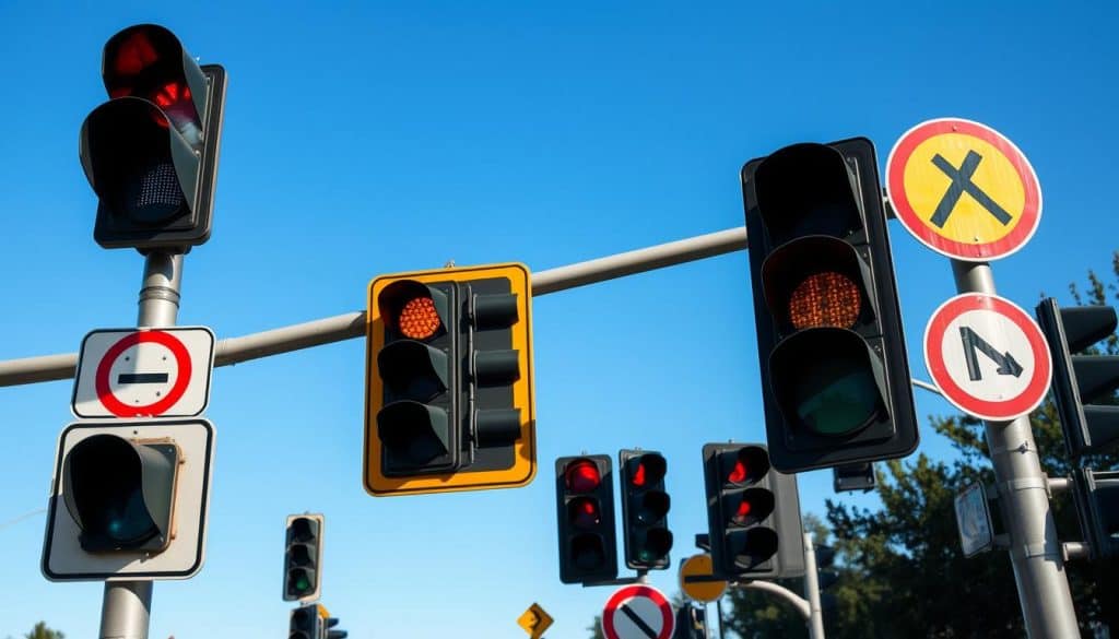 A busy urban intersection, with traffic signals and signs prominently displayed against a clear blue sky. The signals are modern, with LED lights and prominent shapes to convey their meaning. The signs are weathered, showcasing common mistakes like faded colors, obstructed views, and incorrect placements. The scene is well-lit, with a crisp, documentary-style perspective to highlight the details. The overall mood is one of educational awareness, drawing the viewer's attention to the importance of properly maintained and visible traffic signals in preventing accidents. A busy urban intersection, with traffic signals and signs prominently displayed against a clear blue sky. The signals are modern, with LED lights and prominent shapes to convey their meaning. The signs are weathered, showcasing common mistakes like faded colors, obstructed views, and incorrect placements. The scene is well-lit, with a crisp, documentary-style perspective to highlight the details. The overall mood is one of educational awareness, drawing the viewer's attention to the importance of properly maintained and visible traffic signals in preventing accidents.