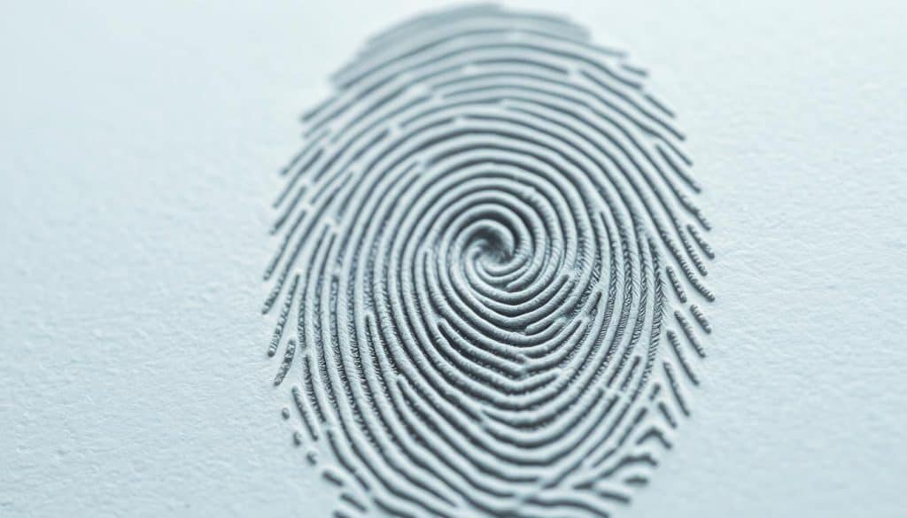 A close-up view of a pristine fingerprint, captured in high resolution under soft, diffused lighting. The lines and whorls of the print are rendered in exquisite detail, showcasing the intricate patterns and minute textures that make each one unique. The image has a clean, modern aesthetic, with a plain background that allows the fingerprint to be the sole focal point. The overall impression is one of precision, sophistication, and the hidden complexities of the human form.
