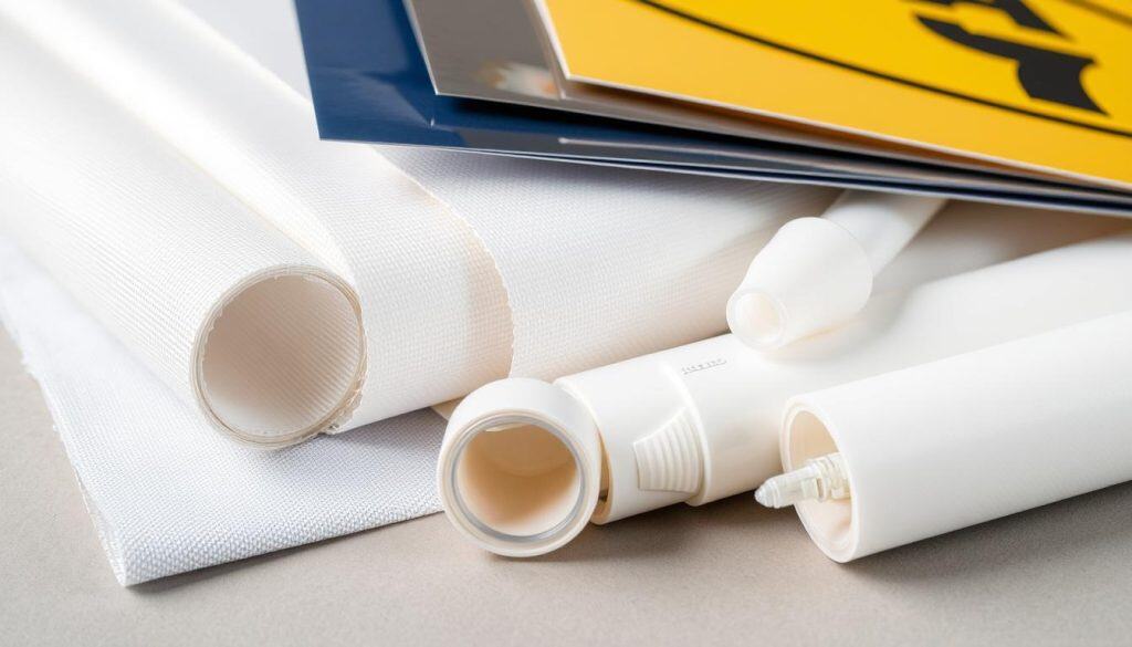 A closeup view of a variety of industrial materials used in signage production, including durable vinyl sheets, sturdy polyester fabrics, and high-quality adhesives. The materials are neatly arranged on a neutral-colored background, with careful attention to lighting and composition to showcase their textures, colors, and versatility. The scene conveys a sense of professionalism, quality, and attention to detail, reflecting the craftsmanship and durability required for effective safety signage. A closeup view of a variety of industrial materials used in signage production, including durable vinyl sheets, sturdy polyester fabrics, and high-quality adhesives. The materials are neatly arranged on a neutral-colored background, with careful attention to lighting and composition to showcase their textures, colors, and versatility. The scene conveys a sense of professionalism, quality, and attention to detail, reflecting the craftsmanship and durability required for effective safety signage.