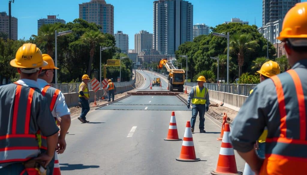 A construction site in a sunny, urban environment. In the foreground, a group of hard-hat-wearing workers is engaged in road maintenance or repair, with caution signs and cones prominently displayed. The middle ground features a partially constructed or repaired section of the road, with heavy machinery and equipment visible. The background showcases a cityscape with tall buildings, trees, and a clear blue sky. The scene conveys a sense of active, organized work taking place with appropriate safety measures in place. A construction site in a sunny, urban environment. In the foreground, a group of hard-hat-wearing workers is engaged in road maintenance or repair, with caution signs and cones prominently displayed. The middle ground features a partially constructed or repaired section of the road, with heavy machinery and equipment visible. The background showcases a cityscape with tall buildings, trees, and a clear blue sky. The scene conveys a sense of active, organized work taking place with appropriate safety measures in place.
