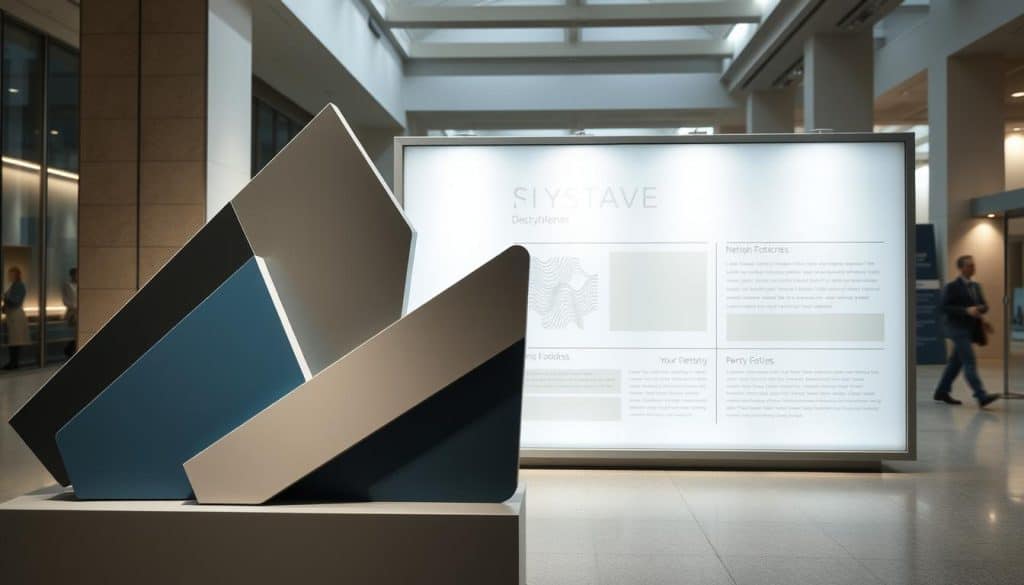 A creative signage display with a modern, minimalist aesthetic. In the foreground, a series of sleek, geometric shapes in muted tones of gray, blue, and white, arranged in a visually striking composition. The midground features a clean, uncluttered layout with subtle textural elements, like embossed patterns or matte finishes, guiding the viewer's eye. The background has a soft, diffused lighting, creating a sense of depth and atmosphere, perhaps with a hint of an urban or architectural setting. The overall mood is one of elegant simplicity, balance, and functionality - design principles that attract and guide the viewer's attention.