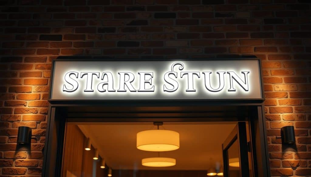 A custom-designed storefront sign in a warm, inviting atmosphere. The sign features bold, clean typography with an elegant script accent, backlit with a soft glow. The sign is mounted on a sleek, minimalist frame against a textured brick wall, creating a harmonious blend of modern and traditional elements. Subtle lighting casts a cozy ambiance, highlighting the high-quality craftsmanship and attention to detail. The overall scene conveys a sense of professionalism, creativity, and a welcoming atmosphere suitable for a thriving local business.