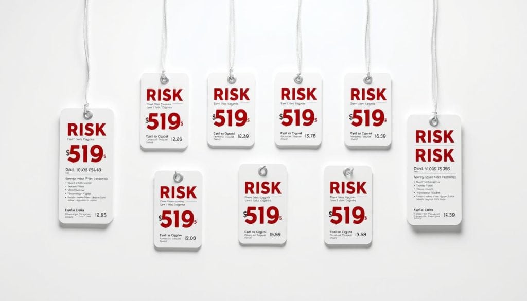 A detailed, well-organized set of price tag signage displayed on a clean, minimalist white background. The tags are rendered with a modern, high-quality aesthetic, showcasing a range of pricing options and package deals for risk signage products. Soft, directional lighting creates depth and highlights the dimensional elements of the tags. The overall composition conveys a sense of professionalism, clarity, and consumer-focused attention to detail, reflecting the subject matter of the article's "Precios de referencia y paquetes para proyectos" section.