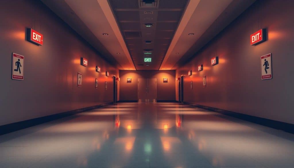 A dimly lit hallway, the walls adorned with neatly arranged emergency exit signs, illuminated by soft, warm lighting that casts a comforting glow. The signs feature bold, clear pictograms and minimal text, guiding the viewer towards a safe passage. The floor is a clean, polished surface, reflecting the signs above, creating a sense of depth and purpose. The atmosphere is calm, inviting, and reassuring, conveying a sense of safety and preparedness. The composition is balanced, with the signs positioned at eye level, easily visible and accessible. The overall scene evokes a feeling of security and order, perfectly suited to illustrate the topic of "Señaletica salida de emergencia: objetivos, alcance y tipos de señales".