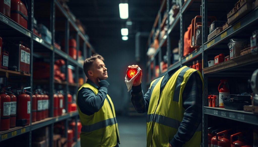 A dimly lit industrial storage room, with shelves and racks lining the walls. On the shelves, various fire extinguishers and safety equipment are neatly arranged. In the center of the frame, a worker in a green safety vest is carefully inspecting the condition of a fire extinguisher signal, wiping it down with a clean cloth. The lighting is soft and warm, creating a sense of diligence and attention to detail. The background is blurred, keeping the focus on the worker and the maintenance task at hand. The overall atmosphere conveys a sense of responsibility and the importance of proper equipment upkeep.