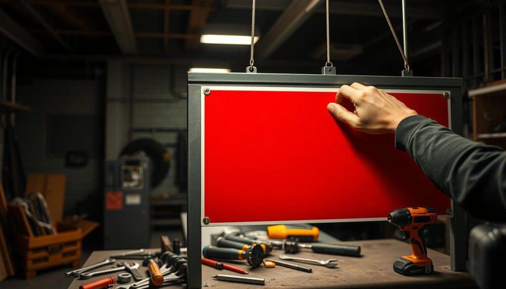 A dimly lit industrial workspace, with a focus on the installation process of a prominent safety signal. In the foreground, a worker's hands carefully mount a bold, red warning sign onto a metal frame, the sign's edges crisp and clean. The middle ground showcases the various tools and equipment necessary for the task - wrenches, screwdrivers, and a power drill, all neatly organized on a workbench. In the background, the space is filled with the subtle glow of task lighting, casting a warm, utilitarian atmosphere. The scene conveys the importance of proper installation and maintenance, with an emphasis on attention to detail and safety consciousness.