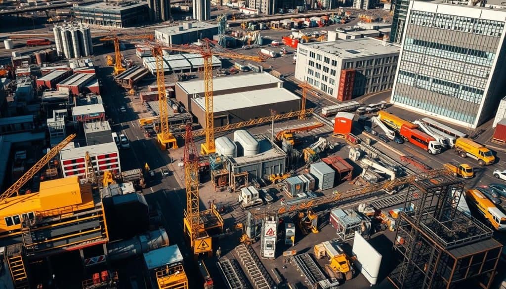 A high-contrast aerial view of a bustling urban industrial landscape, showcasing various safety signage and applications across different sectors. In the foreground, an array of construction site safety icons and warning signs are prominently displayed. In the middle ground, a manufacturing facility is surrounded by chemical hazard symbols and emergency equipment. The background features a modern office complex, with wayfinding signs and evacuation route markers visible. The scene is illuminated by a crisp, directional lighting scheme that casts long shadows, emphasizing the three-dimensional nature of the safety elements. The overall composition conveys a sense of organized safety and preparedness across diverse commercial and industrial environments.