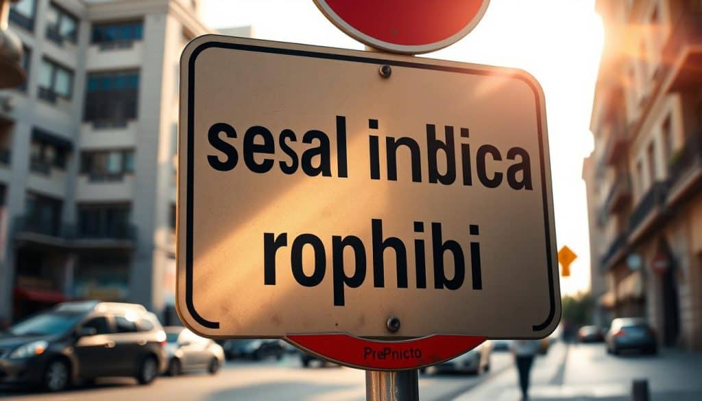 A high-contrast, close-up photograph of a classic "señal indica prohibido" traffic sign against a blurred urban background. The sign is made of reflective metal with bold black text and a red border, casting warm, natural lighting. The sign is mounted on a sturdy metal post, slightly tilted towards the viewer to create a sense of authority and importance. The background is a hazy, sun-dappled street scene with buildings and cars, suggesting a busy city environment where the need for clear no-parking signage is critical for traffic flow and pedestrian safety.