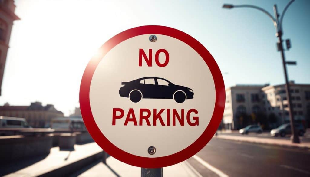 A high-contrast, photorealistic image of a no parking sign against a bright, sunny sky. The sign is positioned in the center of the frame, prominently displayed. The sign has a bold, red border and a white background with a black silhouette of a car and the text "NO PARKING" in clear, legible font. The scene is set on a city street, with concrete sidewalks and a few buildings visible in the background, suggesting an urban environment. The lighting is crisp and directional, creating dramatic shadows that accentuate the sign's shape and text. The overall mood is authoritative and unambiguous, reflecting the importance of the no parking regulation.