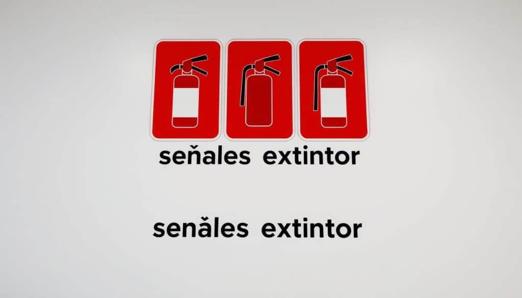 A high-contrast, sharply-focused image of a set of fire extinguisher signs against a clean, minimalist background. The signs are rendered in bold, legible graphics with clear pictograms and simple text in Spanish reading "señales extintor". The lighting is crisp and even, showcasing the dimensional shapes and vibrant colors of the signage. The camera angle is straight-on, lending an authoritative, instructional feel. An overall tone of practicality and safety, underscoring the importance of proper fire safety equipment identification.