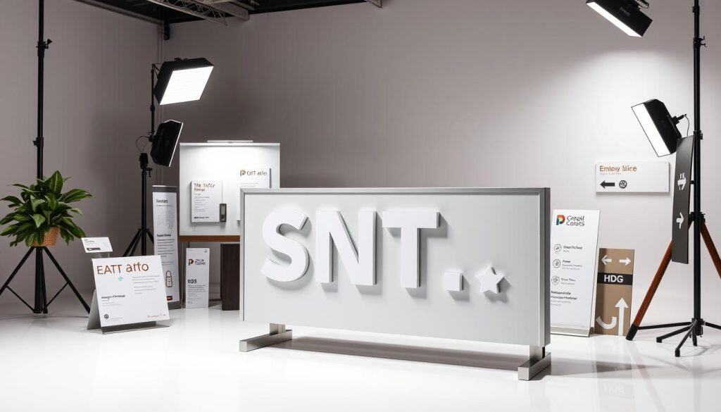 A high-quality commercial signage product displayed in a well-lit, professional studio setting. In the foreground, a sleek, modern sign with bold, minimalist typography in a neutral color palette. The sign is mounted on a sturdy, metallic frame with a clean, polished finish. In the middle ground, complementary signage components such as wall-mounted placards, door hangers, and wayfinding markers, all exuding a cohesive brand identity. The background features a neutral, softly diffused lighting setup, emphasizing the product's quality and attention to detail. The overall atmosphere conveys a sense of sophistication, professionalism, and industry expertise.