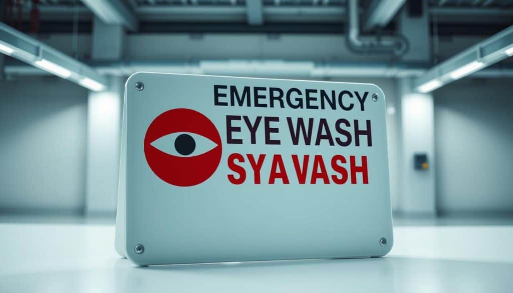 A high-quality, detailed emergency eye wash station sign made of durable PVC material, positioned prominently against a clean, well-lit background. The sign features the universally recognized eye wash symbol in bold, high-contrast colors, conveying a sense of urgency and safety. The lighting is soft and diffused, creating a professional, industrial atmosphere. The sign is angled slightly to create depth and visual interest, showcasing its robust construction and clear, legible design. The overall composition emphasizes the importance and functionality of this critical safety equipment.