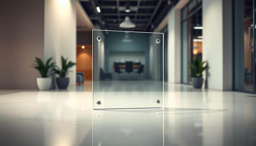 A high-quality, photorealistic image of an acrylic sign or display in a well-lit office or showroom setting. The acrylic piece is the focal point, featuring a smooth, glossy surface that reflects the surrounding environment. The acrylic is backlit, creating a vibrant, eye-catching appearance. The background is clean and minimalist, with subtle textures and neutral colors that allow the acrylic to stand out. The lighting is soft and diffused, creating a professional, commercial atmosphere. The camera angle is slightly elevated, giving a dynamic perspective that showcases the depth and dimensionality of the acrylic material. The overall impression is of a sophisticated, customizable signage or display solution suitable for a variety of commercial applications.