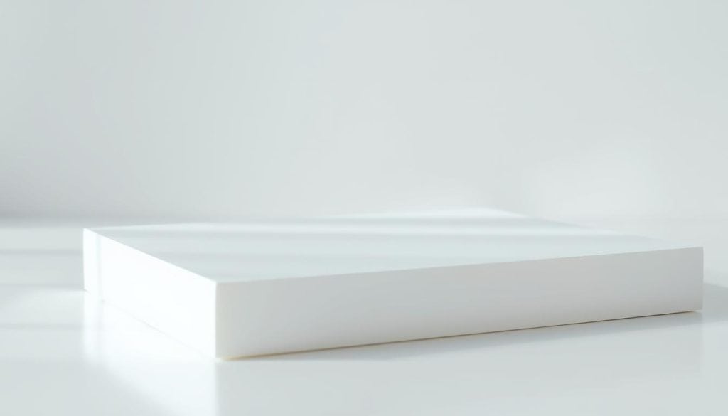 A high-quality, realistic image of a sheet of polystyrene material in a well-lit professional studio setting. The polystyrene is positioned on a clean, reflective surface, allowing for a clear view of its smooth, uniform texture and pristine, unblemished white color. Soft, natural lighting from above casts subtle shadows, highlighting the material's tactile qualities. The frame is set at an angle to showcase the depth and dimensions of the polystyrene sheet, capturing its dimensional properties. The overall mood is one of simplicity, clarity, and attention to detail, reflecting the professional, high-quality nature of the material.
