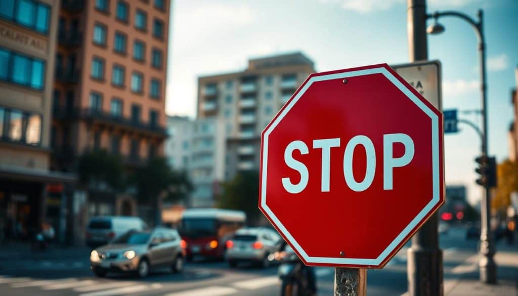 A high-quality, realistic signage image depicting a "Señal Alto" stop sign. The signage is placed in the foreground, prominently displayed against a blurred, out-of-focus urban background with buildings, vehicles, and pedestrians. The sign is made of reflective red octagonal metal, with crisp white "ALTO" text in a bold, clear font. The image is captured with a shallow depth of field, creating a sense of focus and attention on the signage. Warm, directional lighting casts subtle shadows, giving the scene a sense of depth and dimension. The overall mood is professional, informative, and conveys the importance of the traffic control device. A high-quality, realistic signage image depicting a "Señal Alto" stop sign. The signage is placed in the foreground, prominently displayed against a blurred, out-of-focus urban background with buildings, vehicles, and pedestrians. The sign is made of reflective red octagonal metal, with crisp white "ALTO" text in a bold, clear font. The image is captured with a shallow depth of field, creating a sense of focus and attention on the signage. Warm, directional lighting casts subtle shadows, giving the scene a sense of depth and dimension. The overall mood is professional, informative, and conveys the importance of the traffic control device.