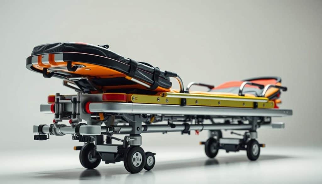 A high-quality, technically-detailed emergency stretcher made of sturdy materials, photographed in a well-lit studio setting. The stretcher is positioned in the foreground, with a clean, neutral background. The lighting is soft and even, highlighting the textures and colors of the stretcher. The camera angle is slightly elevated, giving a clear view of the stretcher's design and features. The overall mood is professional and informative, showcasing the stretcher's durability, functionality, and attention to detail. A high-quality, technically-detailed emergency stretcher made of sturdy materials, photographed in a well-lit studio setting. The stretcher is positioned in the foreground, with a clean, neutral background. The lighting is soft and even, highlighting the textures and colors of the stretcher. The camera angle is slightly elevated, giving a clear view of the stretcher's design and features. The overall mood is professional and informative, showcasing the stretcher's durability, functionality, and attention to detail.