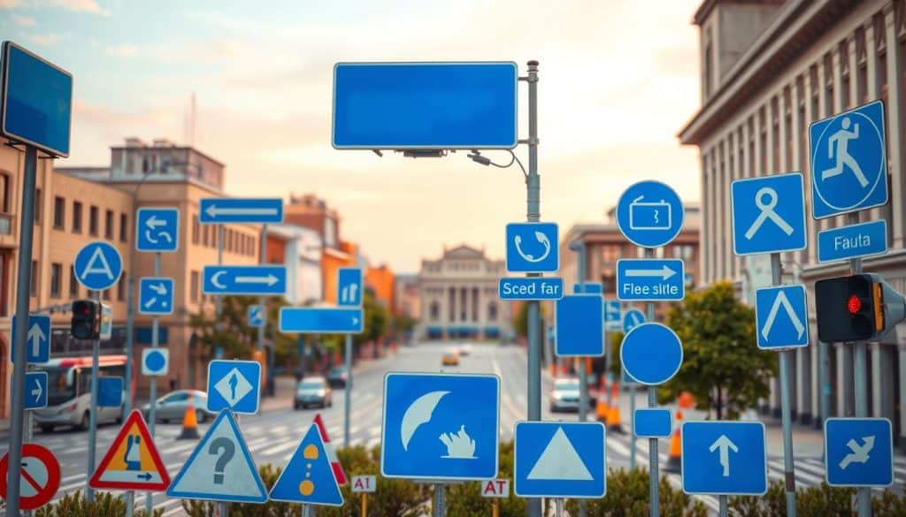 A high-quality, vibrant scene depicting various types of blue signage used in public spaces, roadways, and operational zones. The foreground showcases a diverse array of blue traffic signs, directional markers, and safety symbols, rendered in a crisp, clear style that captures their distinct colors and shapes. The middle ground features a well-organized urban setting, with buildings, walkways, and vehicles positioned to provide context for the signage's intended use. The background subtly blends a softly-lit sky and muted architectural details, creating a sense of depth and atmosphere. The overall composition conveys a sense of order, functionality, and attention to visual design within the signage system.