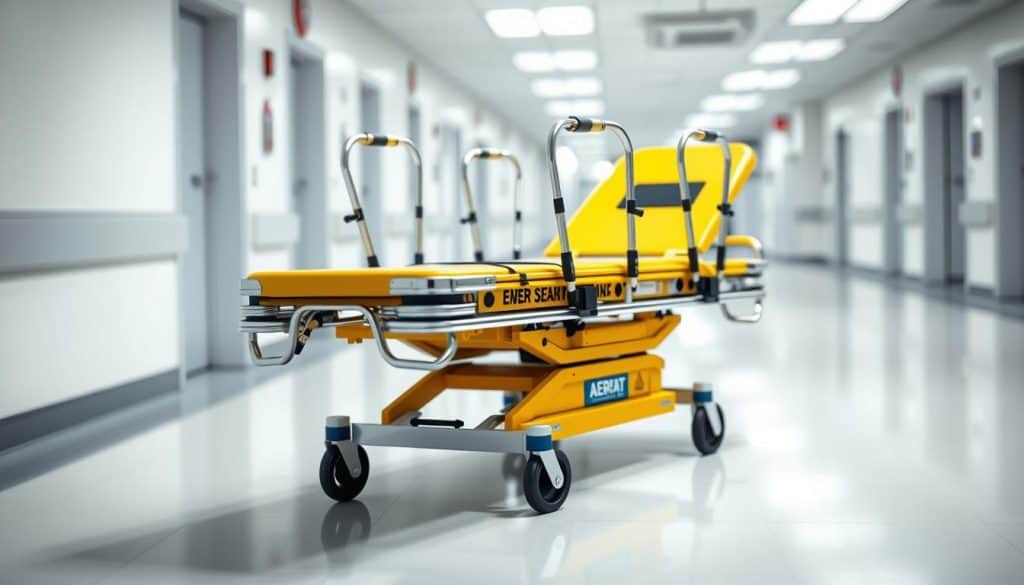 A high-quality, well-lit image of a sturdy, bright yellow emergency stretcher or "camilla emergencia" with a metal frame and adjustable handles, set against a blurred background of a modern hospital interior with clean white walls and floors. The stretcher is positioned at a slight angle, casting soft shadows and highlights that emphasize its robust construction and attention to safety details. The overall scene conveys a sense of medical preparedness, reliability, and professionalism, suitable for illustrating a section on quality emergency signage in Colombia. A high-quality, well-lit image of a sturdy, bright yellow emergency stretcher or "camilla emergencia" with a metal frame and adjustable handles, set against a blurred background of a modern hospital interior with clean white walls and floors. The stretcher is positioned at a slight angle, casting soft shadows and highlights that emphasize its robust construction and attention to safety details. The overall scene conveys a sense of medical preparedness, reliability, and professionalism, suitable for illustrating a section on quality emergency signage in Colombia.