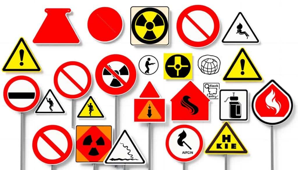 A high-resolution, detailed image of various danger signs and symbols displayed on a clean, minimalist white background. In the foreground, a collection of iconic warning symbols such as the triangular yield sign, the octagonal stop sign, and the circular "no entry" sign, all rendered in vibrant colors and crisp, easily recognizable designs. In the middle ground, a variety of common international safety pictograms, including the crossed-out figure, the radioactive symbol, and the flammable liquid icon, each depicted with precise, technical accuracy. The background subtly features gridlines or a subtle grid pattern, emphasizing the systematic, standardized nature of these safety markers. The overall composition is well-balanced, with a sense of order and clarity, conveying the essential meaning and importance of these universal danger signals. A high-resolution, detailed image of various danger signs and symbols displayed on a clean, minimalist white background. In the foreground, a collection of iconic warning symbols such as the triangular yield sign, the octagonal stop sign, and the circular "no entry" sign, all rendered in vibrant colors and crisp, easily recognizable designs. In the middle ground, a variety of common international safety pictograms, including the crossed-out figure, the radioactive symbol, and the flammable liquid icon, each depicted with precise, technical accuracy. The background subtly features gridlines or a subtle grid pattern, emphasizing the systematic, standardized nature of these safety markers. The overall composition is well-balanced, with a sense of order and clarity, conveying the essential meaning and importance of these universal danger signals.
