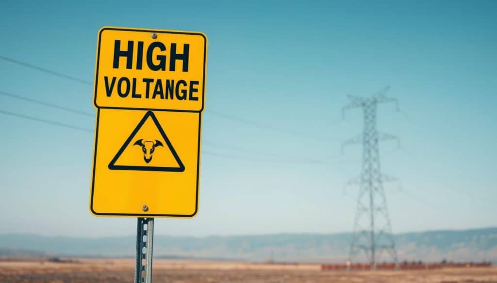 A high-voltage warning sign with bold, distinct typography stands prominently in the foreground, capturing the viewer's attention. The sign's bright yellow color and black hazard symbols convey a sense of urgency and caution. In the middle ground, a realistic power line tower rises, its metal structure casting long, dramatic shadows across the scene. The background is a vast, open landscape, with a cloudless sky in shades of blue, creating a sense of scale and emphasizing the industrial nature of the setting. The overall image has a clean, minimalist aesthetic, with a focus on the key elements of high-voltage signage and infrastructure, reflecting the subject matter of the article section.