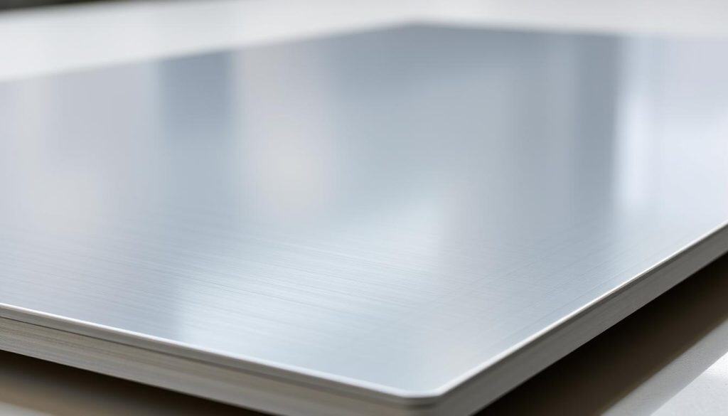 A highly detailed and realistic image of a "lámina" or metal sheet, showcasing its durability and quality for use in custom signage. The lámina should be depicted with a smooth, reflective surface, capturing the light and shadows across its form. Depict the lámina in a well-lit, clean environment, emphasizing its high-quality construction and finish. Include a slight perspective to the image, creating depth and highlighting the dimensional aspects of the material. The overall mood should convey a sense of professionalism, precision, and attention to detail, reflecting the quality of custom signage fabrication.