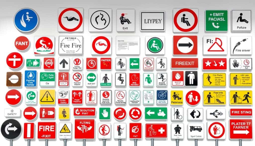 A highly detailed and technical illustration showcasing various types of fire safety and informational signage, arranged in a clean and organized grid layout. The signage is depicted in a well-lit, studio-style setting, capturing the colors, shapes, and symbols in crisp, high-resolution detail. The foreground features a diverse selection of signs, including circular, rectangular, and triangular designs, with clear pictograms and text indicating their purpose. The middle ground offers additional signage with diverse icons and text, while the background provides a neutral, seamless backdrop to allow the signage to take center stage. The overall mood is informative, educational, and visually appealing, suitable for use in a professional article on fire safety and signage regulations. A highly detailed and technical illustration showcasing various types of fire safety and informational signage, arranged in a clean and organized grid layout. The signage is depicted in a well-lit, studio-style setting, capturing the colors, shapes, and symbols in crisp, high-resolution detail. The foreground features a diverse selection of signs, including circular, rectangular, and triangular designs, with clear pictograms and text indicating their purpose. The middle ground offers additional signage with diverse icons and text, while the background provides a neutral, seamless backdrop to allow the signage to take center stage. The overall mood is informative, educational, and visually appealing, suitable for use in a professional article on fire safety and signage regulations.