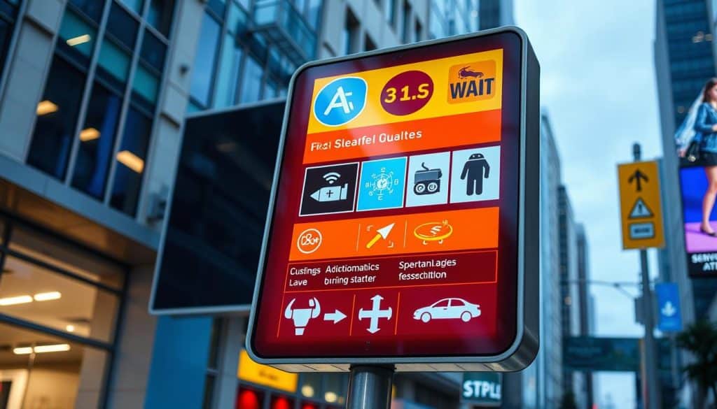 A large, durable outdoor traffic sign made of high-quality reflective materials, showcasing intricate and vibrant graphic designs. The sign is positioned in a well-lit urban setting, with a clean, modern aesthetic. The design features bold typography, colorful icons, and a harmonious layout that conveys important information clearly and efficiently. The sign is angled slightly to capture the viewer's attention, and the lighting creates a sense of depth and dimension. The overall atmosphere is one of professionalism, attention to detail, and a commitment to public safety and wayfinding. A large, durable outdoor traffic sign made of high-quality reflective materials, showcasing intricate and vibrant graphic designs. The sign is positioned in a well-lit urban setting, with a clean, modern aesthetic. The design features bold typography, colorful icons, and a harmonious layout that conveys important information clearly and efficiently. The sign is angled slightly to capture the viewer's attention, and the lighting creates a sense of depth and dimension. The overall atmosphere is one of professionalism, attention to detail, and a commitment to public safety and wayfinding.
