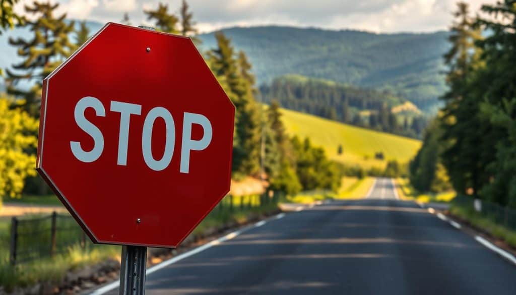 A large, prominent traffic stop sign stands prominently in the foreground, its distinctive octagonal shape and bright red color immediately catching the eye. The sign is illuminated by warm, directional lighting, casting subtle shadows that accentuate its three-dimensional form. In the middle ground, a well-maintained asphalt road stretches out, leading the viewer's gaze towards a lush, verdant landscape in the background, where rolling hills and towering trees create a sense of depth and tranquility. The overall scene conveys a sense of order, safety, and environmental harmony, reflecting the importance of effective traffic signage in urban and rural settings. A large, prominent traffic stop sign stands prominently in the foreground, its distinctive octagonal shape and bright red color immediately catching the eye. The sign is illuminated by warm, directional lighting, casting subtle shadows that accentuate its three-dimensional form. In the middle ground, a well-maintained asphalt road stretches out, leading the viewer's gaze towards a lush, verdant landscape in the background, where rolling hills and towering trees create a sense of depth and tranquility. The overall scene conveys a sense of order, safety, and environmental harmony, reflecting the importance of effective traffic signage in urban and rural settings.