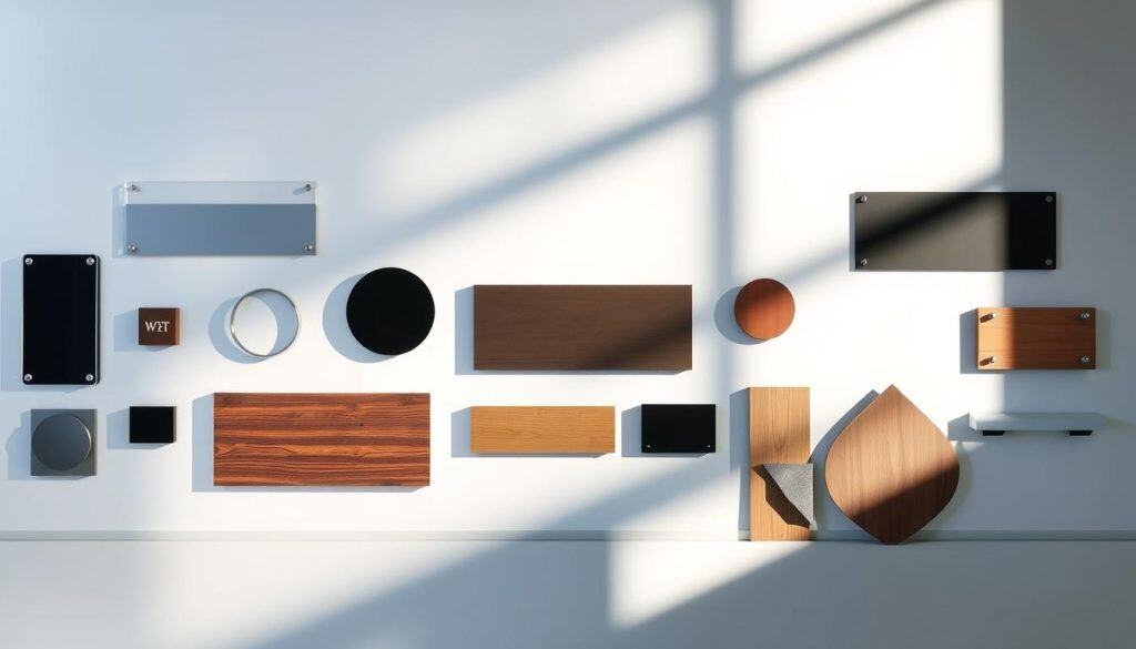 A modern and sleek product selection display showcasing various options for signage. The foreground features a range of stylish, minimalist sign designs in different materials and shapes, such as rectangular acrylic, circular metal, and geometric wooden plaques. The middle ground shows the signs mounted on a clean, white backdrop, creating a simple and professional presentation. The background incorporates subtle gradients of complementary colors, like soft blues and greens, to evoke a sense of tranquility and order. Dramatic side lighting casts dramatic shadows, accentuating the dimensional quality of the products. The overall atmosphere is one of sophistication, highlighting the attention to detail and quality craftsmanship of the signage options.