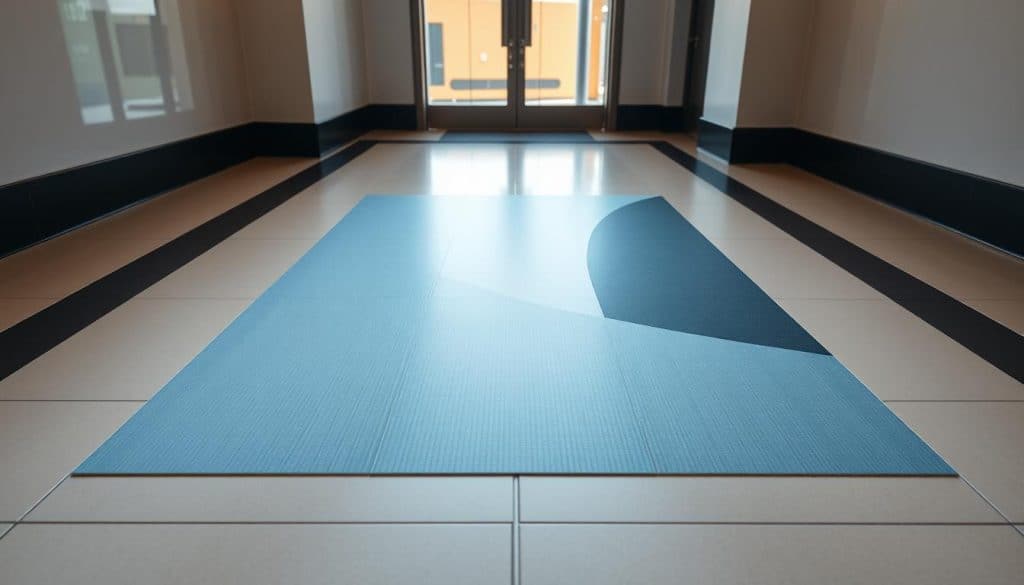 A modern, high-quality vinyl floor graphic featuring a sleek, minimalist design with a subtle textured pattern. The graphic is prominently displayed on a pristine, well-lit tiled floor, creating a clean and professional atmosphere. The lighting is soft and diffused, accentuating the vibrant colors and the glossy finish of the vinyl material. The composition is balanced, with the floor graphic occupying the central focus, surrounded by a neutral, uncluttered background that allows the design to stand out. The overall impression is one of sophistication, attention to detail, and a commitment to effective visual communication.