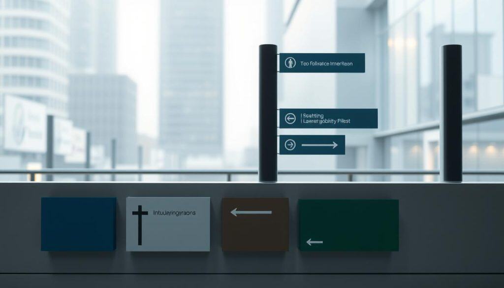 A modern, minimalist signage system with clean, geometric shapes and a subtle color palette. The foreground features a series of square and rectangular signs in muted tones of gray, blue, and green, arranged in a harmonious layout. The middle ground showcases a sleek, modular wayfinding system with intuitive pictograms and minimalist typography. In the background, a blurred urban landscape with contemporary architecture and a soft, diffused lighting creates a sense of place and setting. The overall mood is one of simplicity, functionality, and a refined aesthetic that enhances the brand identity.