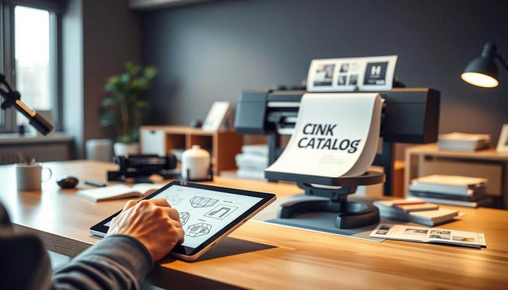 A modern office workspace with a desk, computer, and various design tools. In the foreground, a designer is sketching ideas for a corporate catalog on a digital tablet, their hand moving fluidly across the screen. In the middle ground, a 3D model of the catalog cover rotates, showcasing the typography and visual elements. In the background, a large-format printer whirs to life, outputting pages that flutter down onto the desk, gradually assembling the final printed catalog. Warm, diffused lighting fills the room, creating a productive and creative atmosphere.