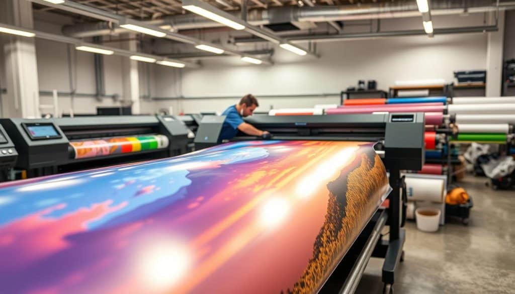 A modern print shop interior with an array of large-format digital printers, showcasing the process of printing vibrant, high-quality vinyl graphics. In the foreground, a freshly printed vinyl banner with a vivid, photorealistic image of a natural landscape, its colors popping under the warm glow of overhead lighting. The middle ground features a technician carefully applying a protective UV coating to the vinyl, ensuring long-lasting durability. In the background, rolls of premium adhesive-backed vinyl substrates in various colors and finishes are neatly arranged, ready to be transformed into eye-catching signage and displays. The scene conveys a sense of precision, innovation, and the seamless integration of technology and craftsmanship in the world of professional print and display solutions.