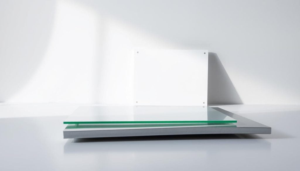 A neatly arranged still life depicting a selection of materials commonly used for emergency exit signage. In the foreground, a sheet of translucent acrylic and a section of galvanized metal sheeting sit atop a smooth, reflective surface. In the middle ground, a stack of pristine white polystyrene boards and a sheet of high-gloss vinyl decals stand upright, casting subtle shadows. The background is softly lit, creating a sense of depth and emphasizing the tactile qualities of the materials. The overall composition is clean, minimalist, and evocative of the functional, safety-focused nature of emergency exit signage.