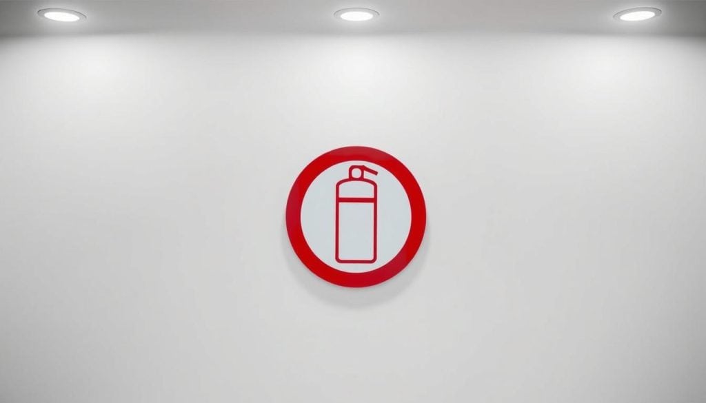 A neatly organized fire extinguisher sign, positioned prominently against a clean, minimalist background. The sign features a distinct red and white color scheme, with a bold, iconic fire extinguisher symbol at the center. The lighting is soft and evenly distributed, highlighting the sign's clarity and visibility. The camera angle is positioned straight-on, capturing the sign in a direct and authoritative manner, emphasizing its importance and ease of identification. The overall atmosphere conveys a sense of safety, order, and attention to detail, perfectly suited to illustrate the "señaletica extintor: paso a paso para instalarla correctamente" section of the article.