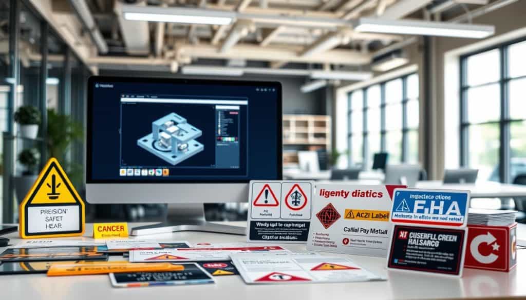 A professional, expertly crafted workspace with various customization options. In the foreground, a selection of signage and safety labels in various materials and designs. In the middle ground, a computer monitor displaying a 3D modeling software, showcasing the design process. The background features a clean, modern office environment with neutral tones and abundant natural lighting, conveying a sense of professionalism and attention to detail. The overall mood is one of precision, functionality, and the ability to tailor safety solutions to individual needs.
