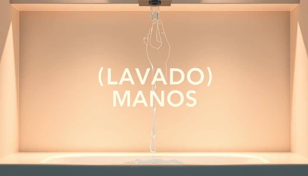 A professional, high-quality hand-washing signage in a modern, minimalist style. The foreground features a pair of cleanly-drawn hands under a gentle stream of water, with realistic highlights and shadows. The middle ground showcases the text "LAVADO MANOS" in a simple, legible typeface. The background is a plain, subtly-textured surface, with warm, diffused lighting creating a serene, hygienic atmosphere. The overall composition is well-balanced, with a focus on clarity and functionality, suitable for display in a professional business environment in Colombia.