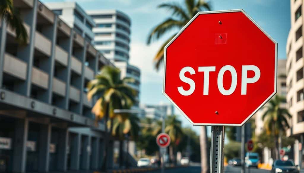 A prominent octagonal stop sign stands in the foreground, its bright red color and bold white border commanding attention. The sign is positioned at a street intersection, with the background filled with a blurred urban landscape of concrete buildings, palm trees, and a clear blue sky. The lighting is natural and diffused, casting soft shadows that add depth and dimension to the scene. The camera angle is slightly elevated, providing a clear view of the sign's distinctive shape and the surrounding environment. The overall atmosphere conveys a sense of order, safety, and the importance of traffic regulations in a bustling Colombian city. A prominent octagonal stop sign stands in the foreground, its bright red color and bold white border commanding attention. The sign is positioned at a street intersection, with the background filled with a blurred urban landscape of concrete buildings, palm trees, and a clear blue sky. The lighting is natural and diffused, casting soft shadows that add depth and dimension to the scene. The camera angle is slightly elevated, providing a clear view of the sign's distinctive shape and the surrounding environment. The overall atmosphere conveys a sense of order, safety, and the importance of traffic regulations in a bustling Colombian city.