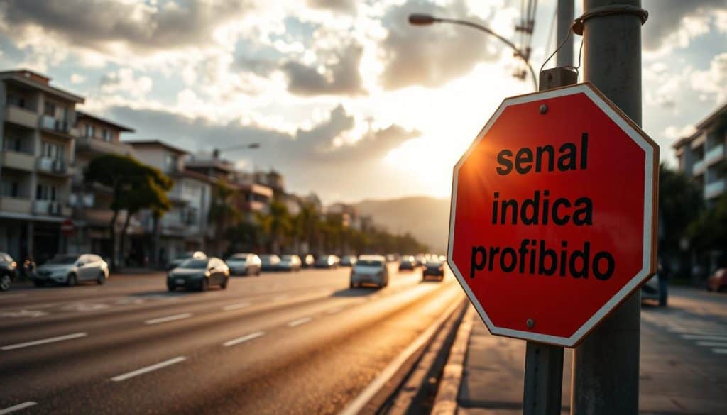 A realistic, high-resolution image of a "señal indica prohibido" traffic sign in Colombia. The sign is positioned in the foreground, slightly tilted and reflecting the warm afternoon sunlight. The middle ground shows a well-paved city street with parked cars and pedestrians, while the background features a backdrop of low-rise urban buildings and a partly cloudy sky. The sign's red octagonal shape, white border, and bold black text stand out clearly against the scene. The overall composition conveys the practical, regulatory nature of the signage within the context of a typical Colombian urban environment.