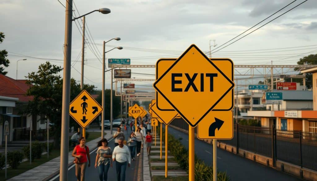 A scene depicting the evacuation routes in a Colombian town, rendered with photorealistic clarity. In the foreground, a series of bright yellow road signs clearly indicate the direction of evacuation, their reflective surfaces gleaming under the warm, diffused lighting. In the middle ground, pedestrians hurry along the sidewalks, their expressions a mix of urgency and determination. In the background, a network of well-marked exit points and assembly areas come into view, with directional arrows and icons guiding the way. The overall atmosphere conveys a sense of preparedness and organization, with the safety of the community at the forefront.