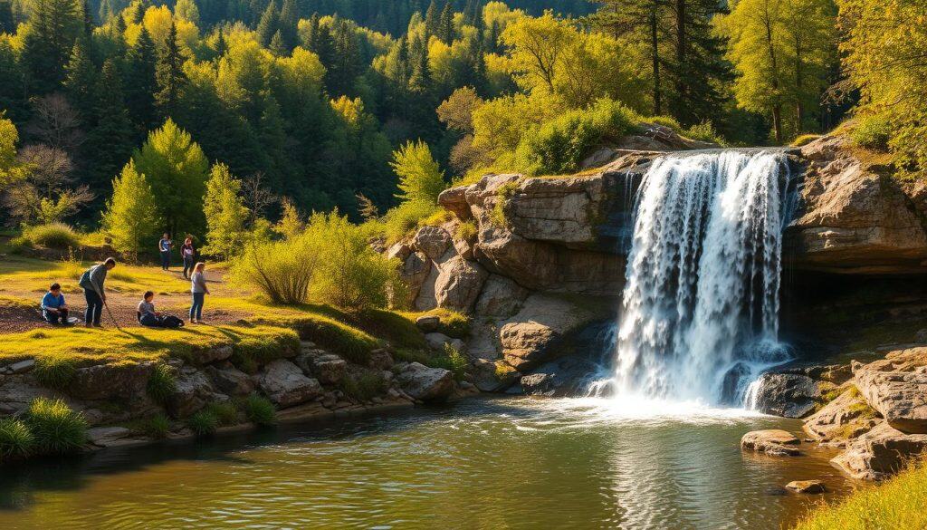 A serene landscape with a lush, verdant forest in the background. In the foreground, a stunning waterfall cascades over a rocky cliff, its crystal-clear waters flowing into a tranquil pool below. In the middle ground, a group of people are engaged in various eco-friendly activities, such as planting trees, picking up litter, or tending to a community garden. The scene is bathed in warm, golden sunlight, creating a peaceful and harmonious atmosphere that reflects the company's commitment to environmental responsibility and sustainability. The composition is balanced and visually appealing, with the waterfall and natural elements taking center stage.
