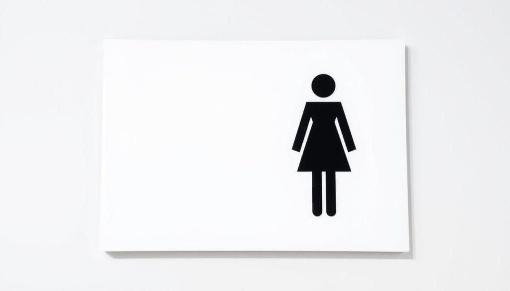 A sleek and modern women's bathroom sign, featuring a minimalist icon of a woman on a crisp white background. The icon is rendered in a bold, geometric style with clean lines and sharp edges, conveying a sense of sophistication and simplicity. The sign is fabricated from high-quality materials, such as aluminum or acrylic, with a matte finish that creates a premium, tactile feel. The dimensions are 30x15 centimeters, providing a compact and versatile size suitable for a variety of installation locations. The overall design exudes a sense of confidence, clarity, and attention to detail, making it an excellent choice for commercial or institutional restroom signage.