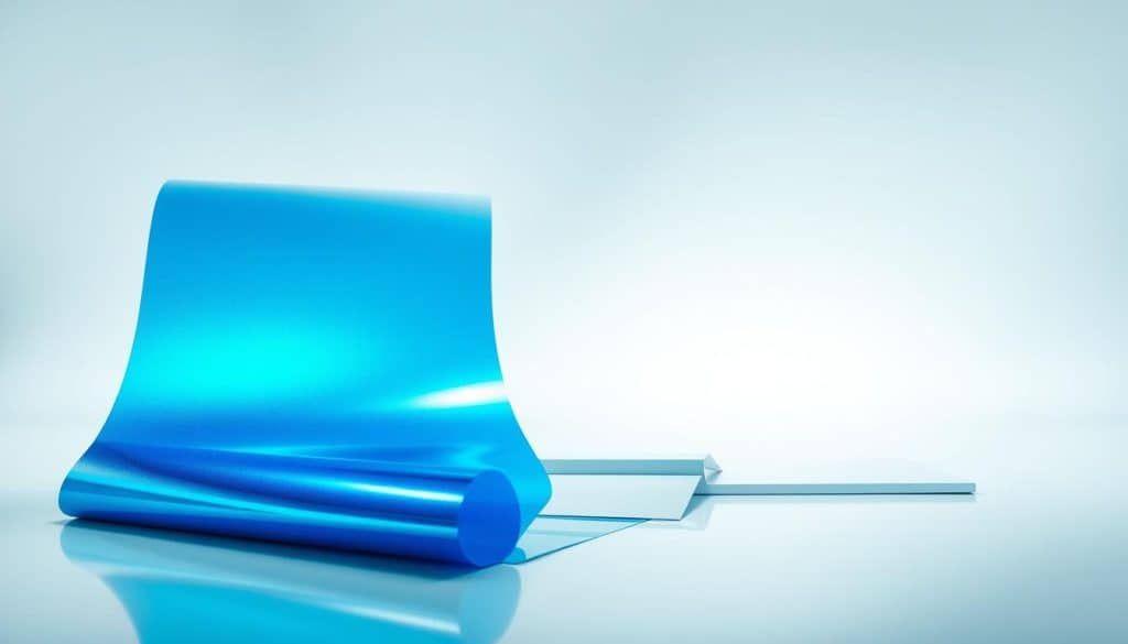 A sleek, modern composition showcasing an array of high-quality signage materials. In the foreground, vibrant blue reflective vinyl sheets glisten under a bright, evenly-distributed lighting setup, capturing their durability and luminance. In the middle ground, smooth, textured polymer samples sit alongside sheets of UV-cured digitally-printed film, demonstrating the range of professional-grade substrates available. The background features a clean, minimalist backdrop, allowing the materials to take center stage and emphasize their premium quality and craftsmanship. The overall mood is one of precision, innovation, and confidence in the signage solutions on display.
