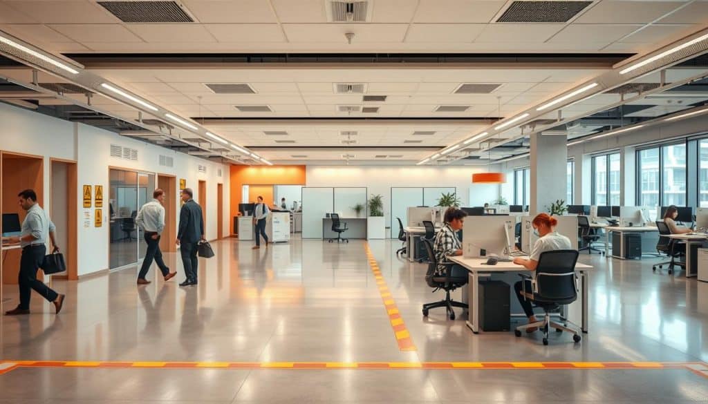 A spacious, well-lit office interior with a clean, modern aesthetic. In the foreground, a group of office workers diligently going about their tasks, mindful of safety protocols. Prominent safety signage and floor markings guide their movements, ensuring a secure and compliant workspace. The middle ground features ergonomic workstations, with employees seated comfortably and attentively. In the background, a minimalist decor scheme emphasizes the importance of visual clarity and unobstructed pathways. Warm, diffused lighting creates a sense of tranquility, while clean lines and neutral tones convey a professional, organized atmosphere conducive to productivity and safety.