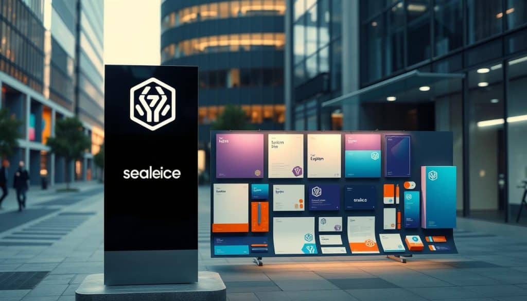 A vibrant and cohesive visual identity that powerfully conveys a brand's essence. In the foreground, a sleek, minimalist signage design featuring a bold, distinctive logo and clean typography. The middle ground showcases a coordinated branding package, including stationery, packaging, and digital interfaces, all united by a harmonious color palette and consistent visual language. In the background, an urban setting with modern architecture provides a sophisticated, professional backdrop, illuminated by warm, directional lighting that highlights the carefully crafted branding elements. The overall composition exudes a sense of sophistication, innovation, and brand confidence, perfectly reflecting the section's focus on "señaletica y branding: coherencia visual que potencia la identidad de marca".