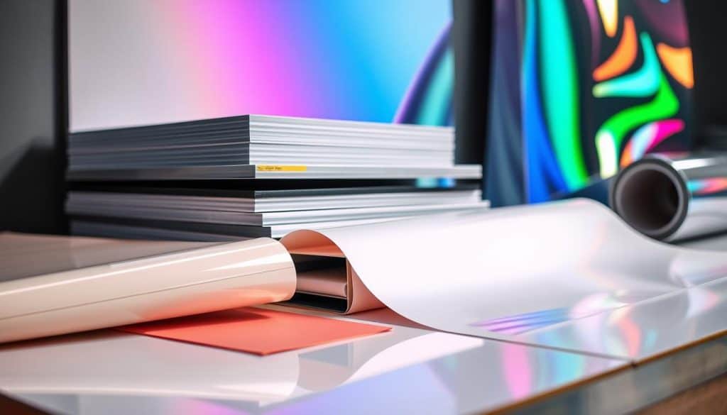 A vibrant and durable display of signage materials, showcasing a diverse array of high-quality printing techniques. In the foreground, a selection of weatherproof vinyl sheets, their surfaces glossy and textured, reflecting the warm, directional lighting. In the middle ground, a stack of sturdy, matte-finished aluminum composite panels, their edges precision-cut to create a sleek, modern aesthetic. In the background, a roll of reflective prismatic film unfurls, its dynamic, light-refracting properties hinting at the endless customization possibilities. The overall scene exudes a sense of quality, innovation, and attention to detail, perfectly capturing the essence of the "Materiales y técnicas de impresión que garantizan durabilidad y estilo" section. A vibrant and durable display of signage materials, showcasing a diverse array of high-quality printing techniques. In the foreground, a selection of weatherproof vinyl sheets, their surfaces glossy and textured, reflecting the warm, directional lighting. In the middle ground, a stack of sturdy, matte-finished aluminum composite panels, their edges precision-cut to create a sleek, modern aesthetic. In the background, a roll of reflective prismatic film unfurls, its dynamic, light-refracting properties hinting at the endless customization possibilities. The overall scene exudes a sense of quality, innovation, and attention to detail, perfectly capturing the essence of the "Materiales y técnicas de impresión que garantizan durabilidad y estilo" section.