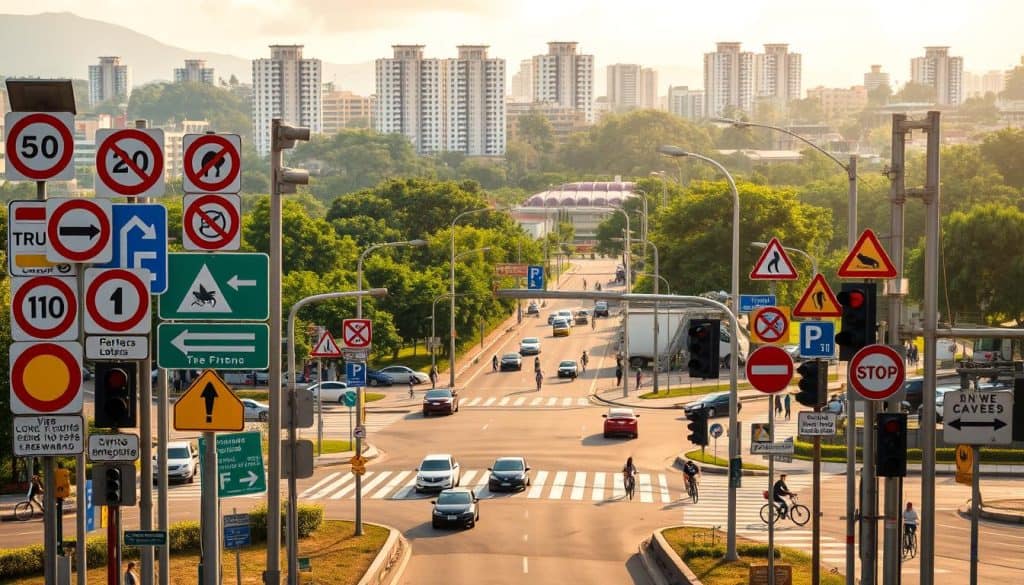 A vibrant and informative scene depicting various traffic signals and signage commonly found on Colombian roads. In the foreground, a diverse array of road signs stand tall, their shapes and colors clearly conveying important information about speed limits, directions, and safety. In the middle ground, a busy intersection with cars, pedestrians, and cyclists navigates the intersecting paths, guided by the traffic lights and crosswalks. The background features a cityscape with tall buildings and lush greenery, creating a sense of urban context. The lighting is warm and natural, casting a soft glow over the entire scene. The composition is balanced and harmonious, inviting the viewer to explore the intricacies of the traffic infrastructure and its role in the daily life of the city. A vibrant and informative scene depicting various traffic signals and signage commonly found on Colombian roads. In the foreground, a diverse array of road signs stand tall, their shapes and colors clearly conveying important information about speed limits, directions, and safety. In the middle ground, a busy intersection with cars, pedestrians, and cyclists navigates the intersecting paths, guided by the traffic lights and crosswalks. The background features a cityscape with tall buildings and lush greenery, creating a sense of urban context. The lighting is warm and natural, casting a soft glow over the entire scene. The composition is balanced and harmonious, inviting the viewer to explore the intricacies of the traffic infrastructure and its role in the daily life of the city.