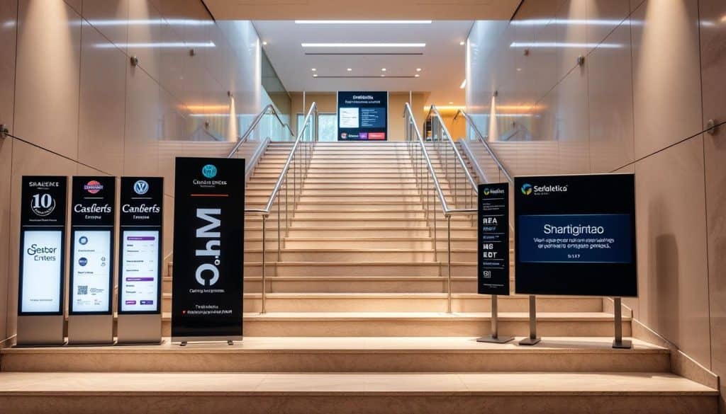 A vibrant and visually striking image of a stairway signage display. The foreground features a series of high-quality, professionally-designed stair signage placards in various shapes and sizes, showcasing a range of styles and designs. The middle ground depicts the stairway itself, with clean, modern architecture and well-lit, polished steps leading the viewer's eye upwards. The background subtly hints at a corporate or commercial setting, with sleek, minimalist decor and warm, directional lighting that creates a sense of sophistication and attention to detail. The overall composition conveys a sense of professionalism, quality, and a focus on clear, effective wayfinding - reflecting the expertise and services offered by "Señaletica Gradas y Más - Artes Gráficas Integradas S.A.S."