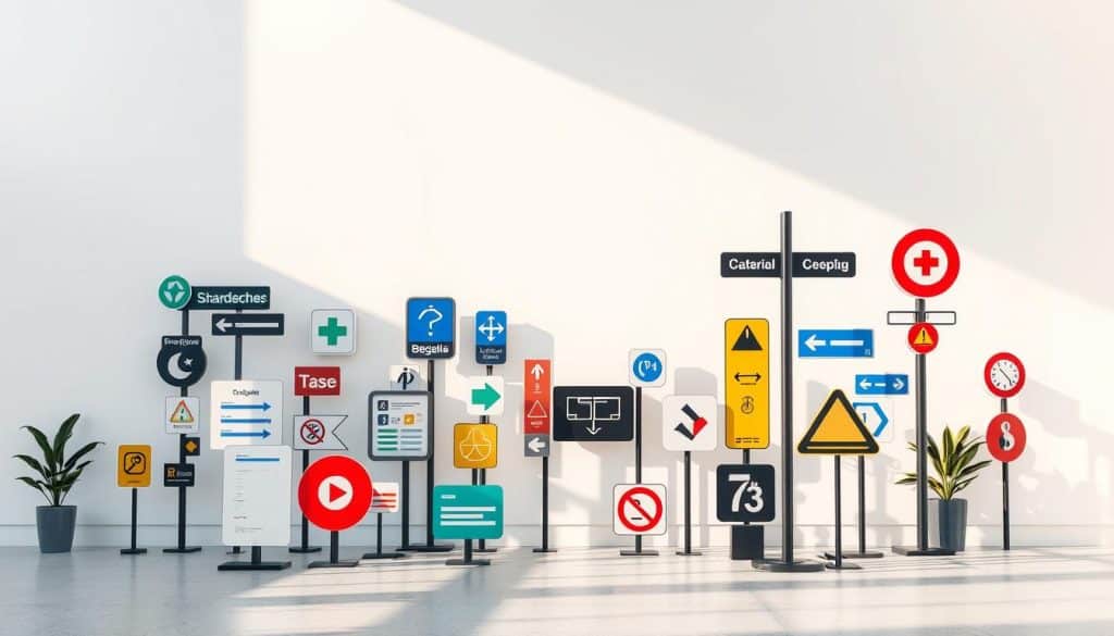 A vibrant and visually striking scene depicting señalética, the art of graphic design in signage and wayfinding. In the foreground, a collection of expertly crafted signs and symbols, each element meticulously designed to convey information with clarity and visual appeal. The middle ground showcases the creative interplay of shapes, colors, and typographic elements, seamlessly blending function and aesthetic. In the background, a clean, minimalist environment allows the signage to take center stage, highlighting its importance as a crucial component of the overall visual landscape. Soft, directional lighting casts subtle shadows, adding depth and dimension to the composition. The overall mood is one of sophistication, professionalism, and a keen understanding of the principles of graphic design.